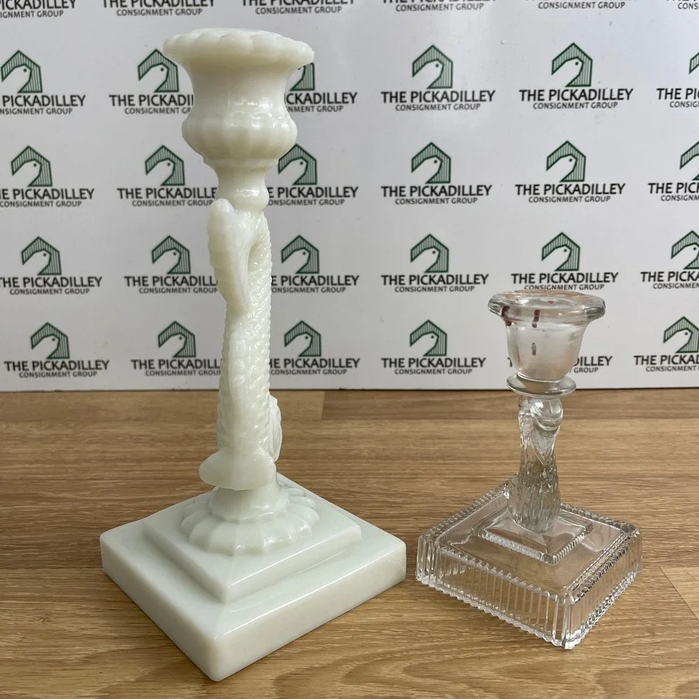 Vintage Milk Glass and Clear Glass Dolphin Koi Fish Candlestick Holders Set 2